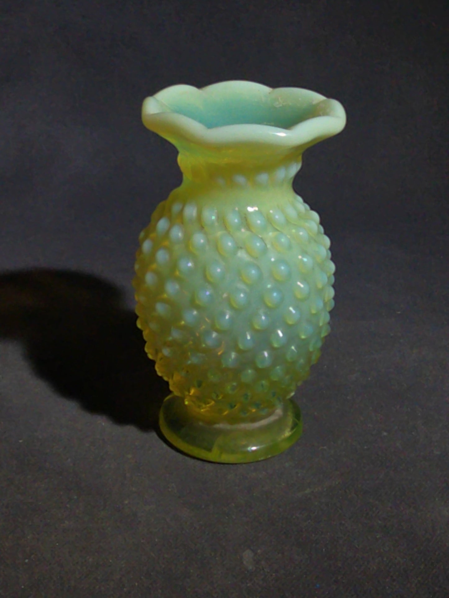 Vintage Uranium Glass Hobnail Miniature Vase with Opalescent Rim, UV Reactive
