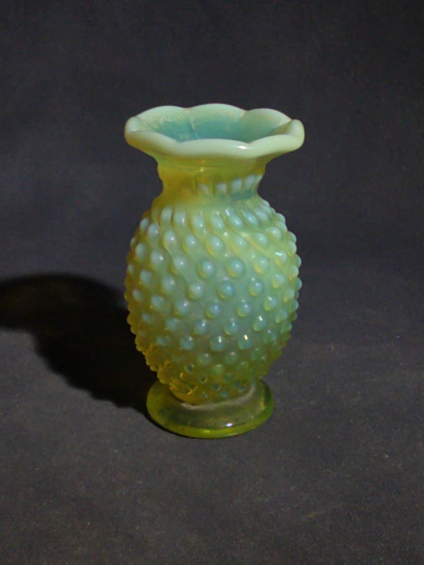 Vintage Uranium Glass Hobnail Miniature Vase with Opalescent Rim, UV Reactive