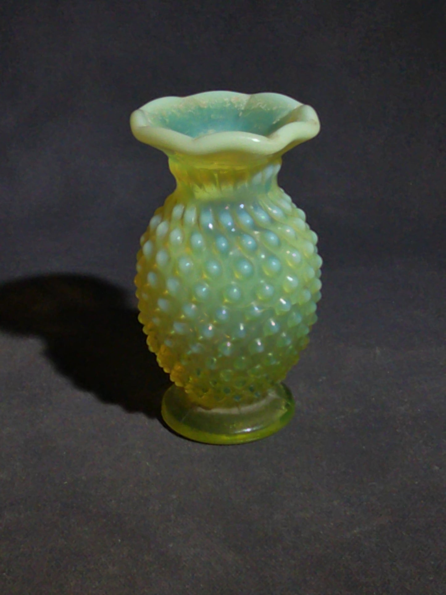Vintage Uranium Glass Hobnail Miniature Vase with Opalescent Rim, UV Reactive