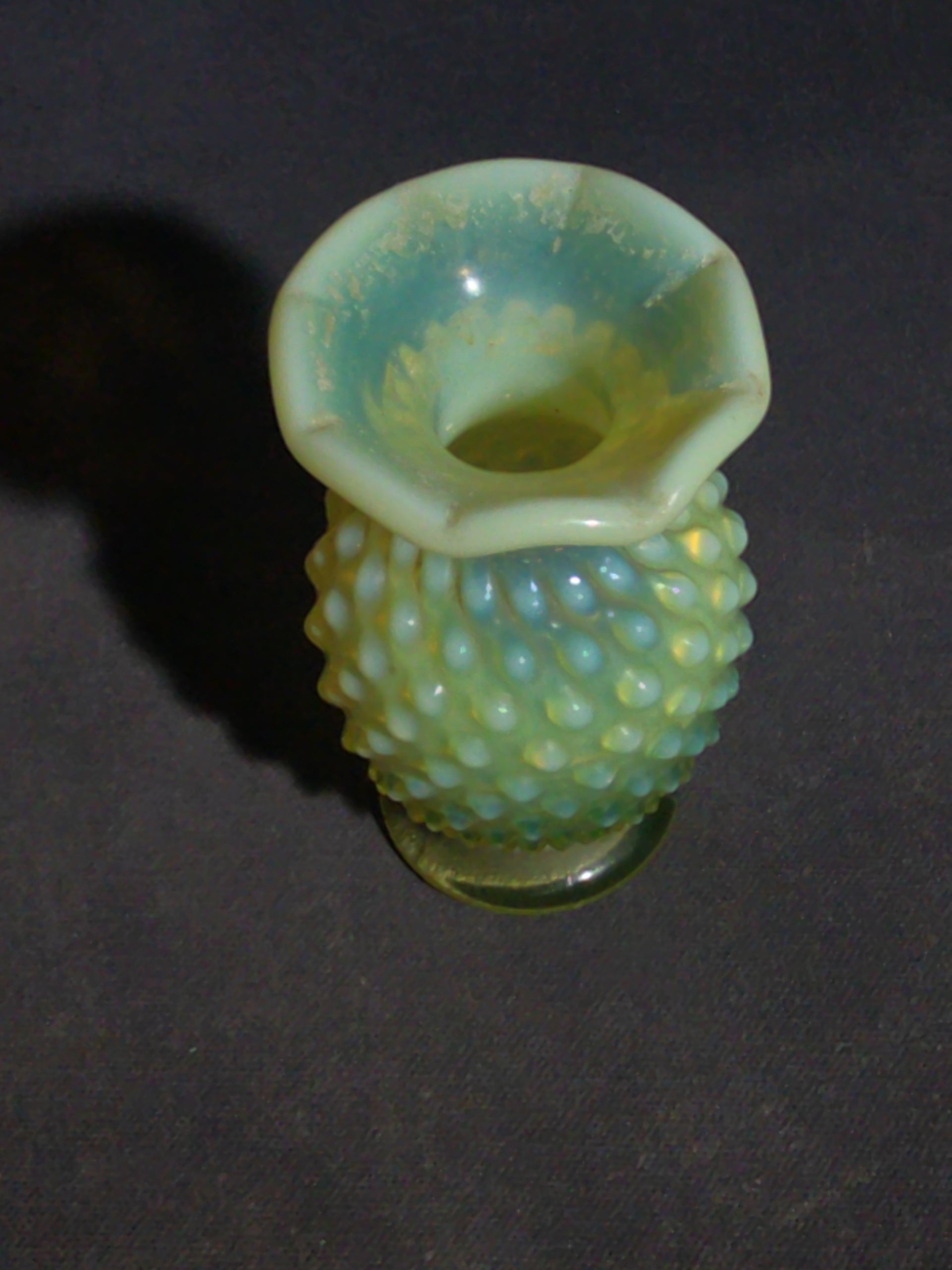 Vintage Uranium Glass Hobnail Miniature Vase with Opalescent Rim, UV Reactive