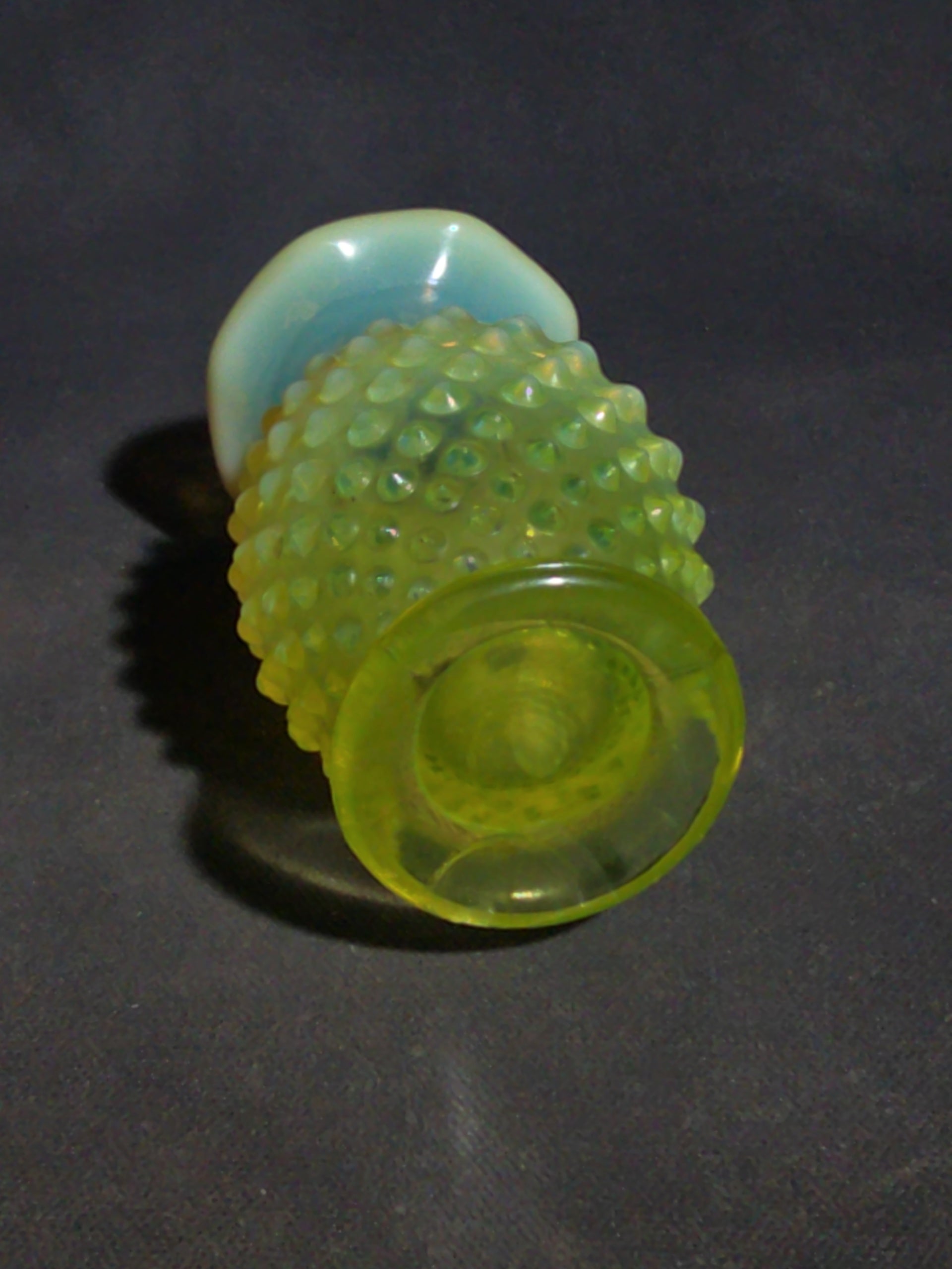Vintage Uranium Glass Hobnail Miniature Vase with Opalescent Rim, UV Reactive