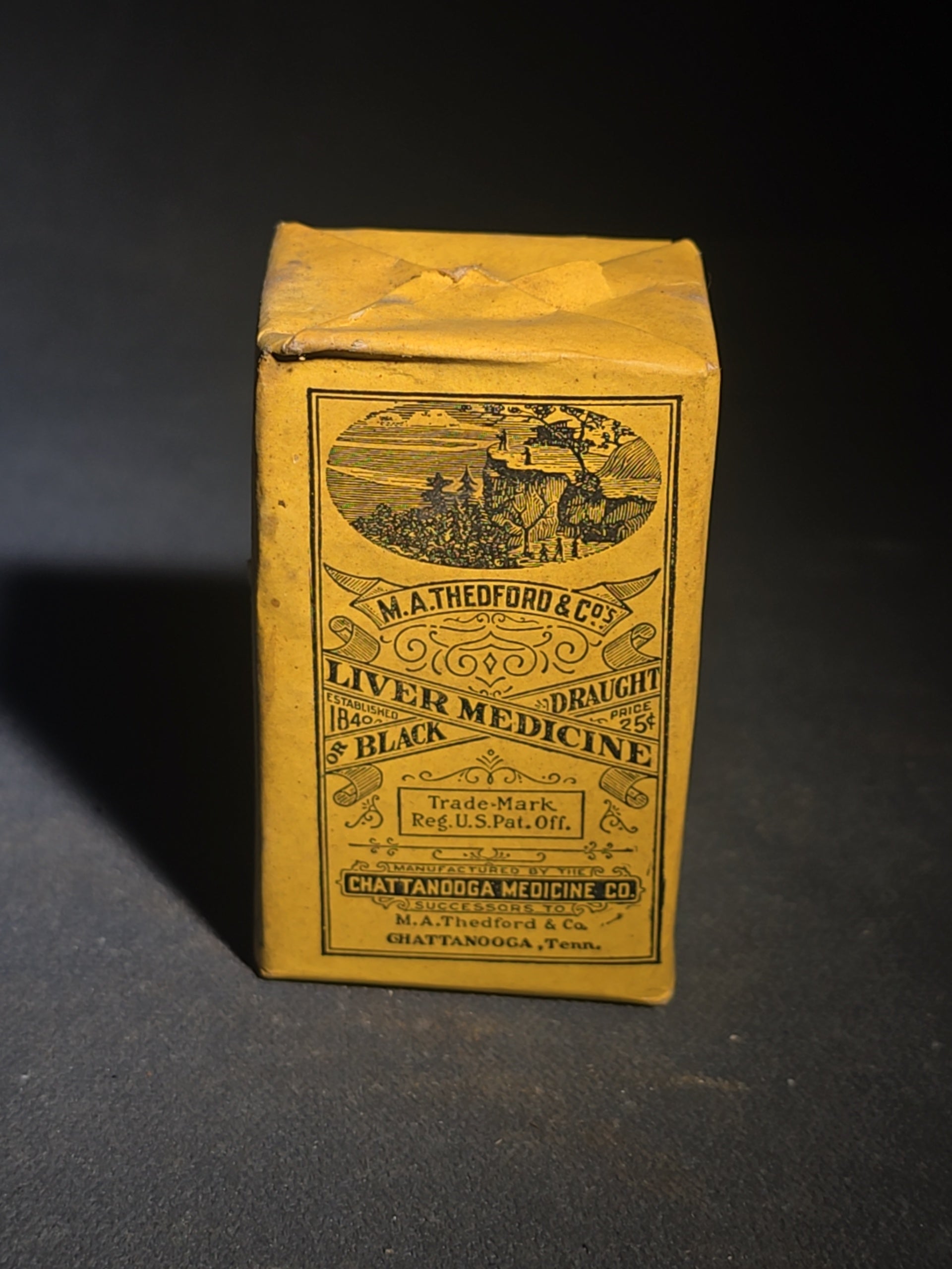 Grouping of 12 Antique and Vintage Pharmaceutical Bottles and Tins including Samson's Liniment, M.A. Thedford's Black Draught Liver Medicine, Dr. I.W. Lyon's Tooth Powder, and Johnson & Johnson Dental Floss