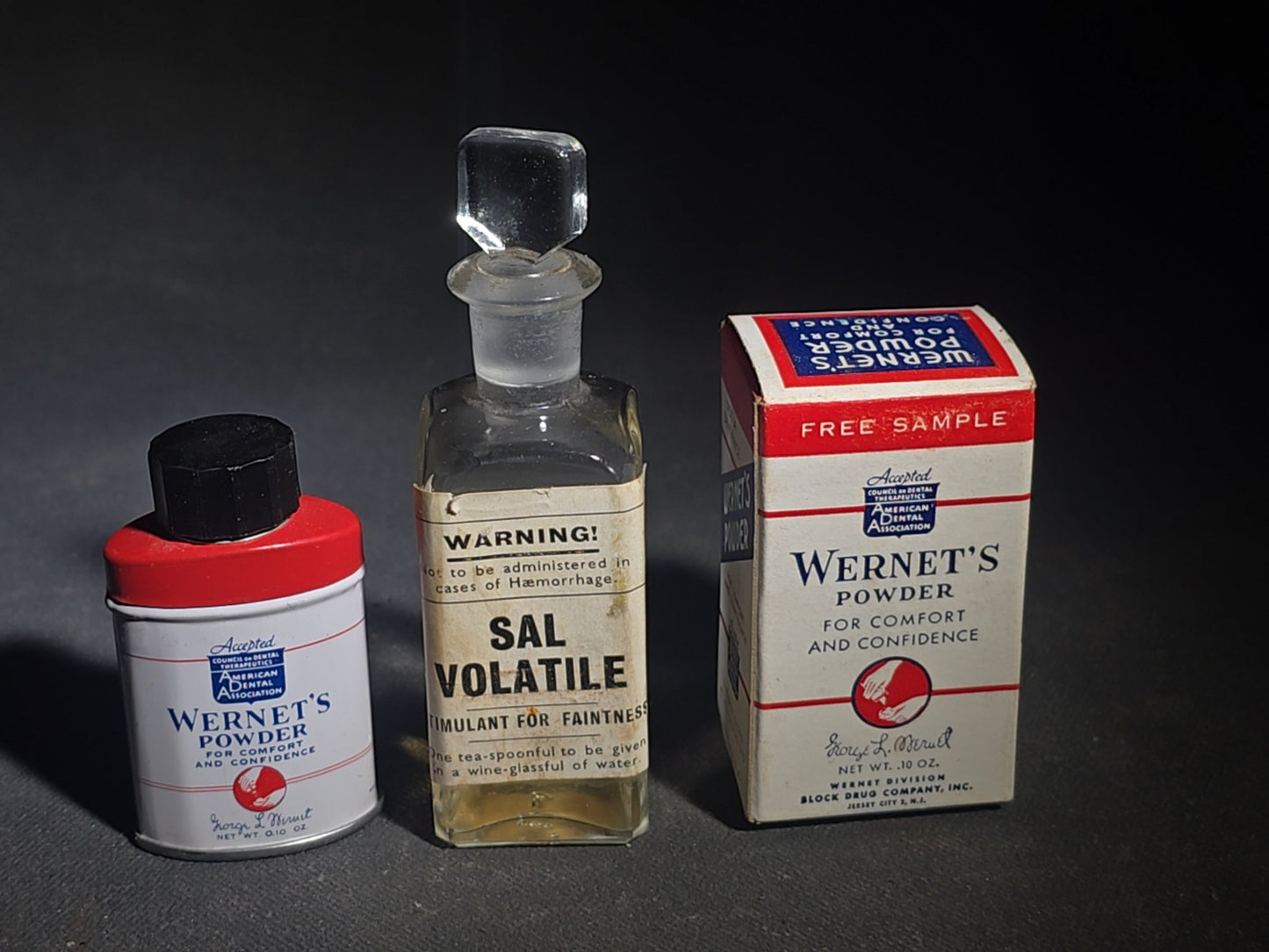 Grouping of 12 Antique and Vintage Pharmaceutical Bottles and Tins including Samson's Liniment, M.A. Thedford's Black Draught Liver Medicine, Dr. I.W. Lyon's Tooth Powder, and Johnson & Johnson Dental Floss