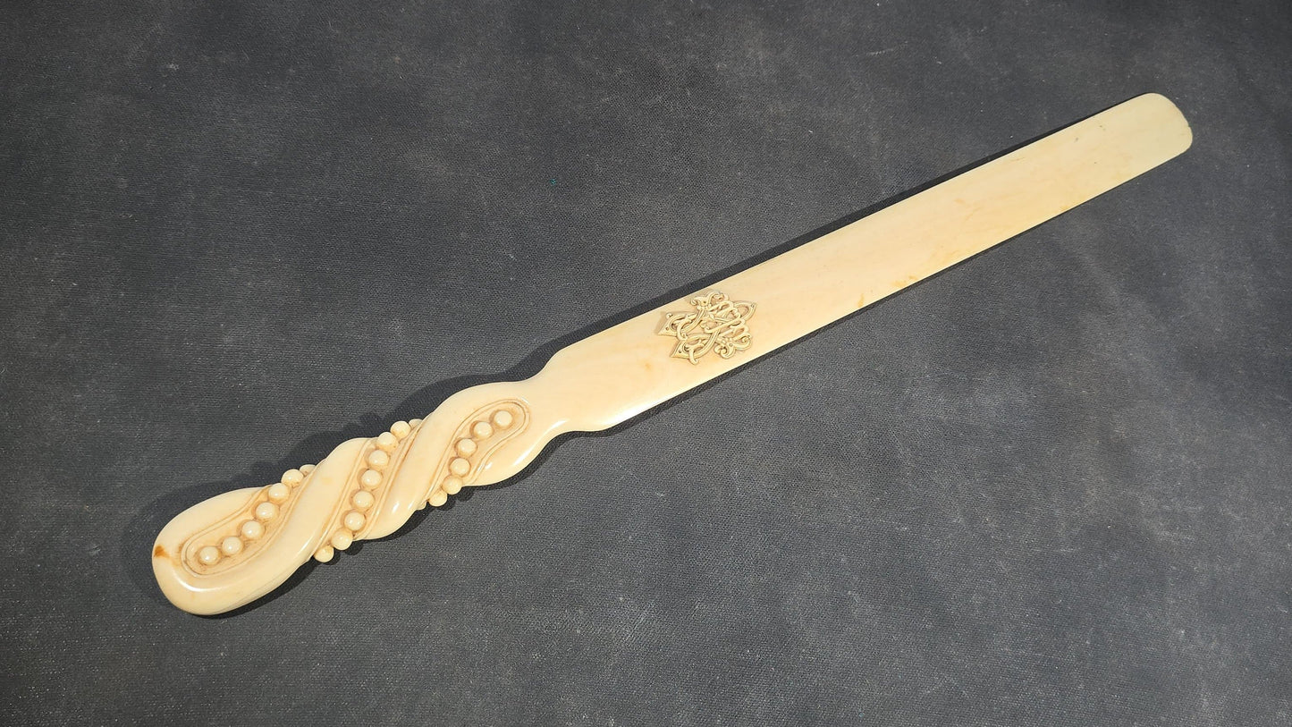 Antique Victorian Ivory Page Turner with Carved Bead Handle and Applied Monogram Cartouche