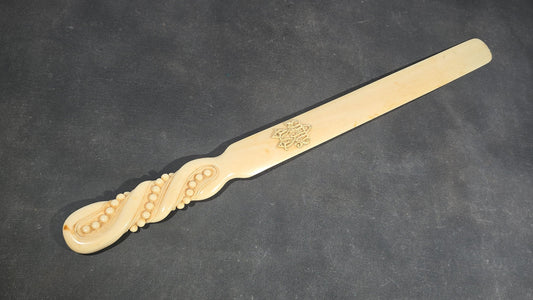 Antique Victorian Ivory Page Turner with Carved Bead Handle and Applied Monogram Cartouche