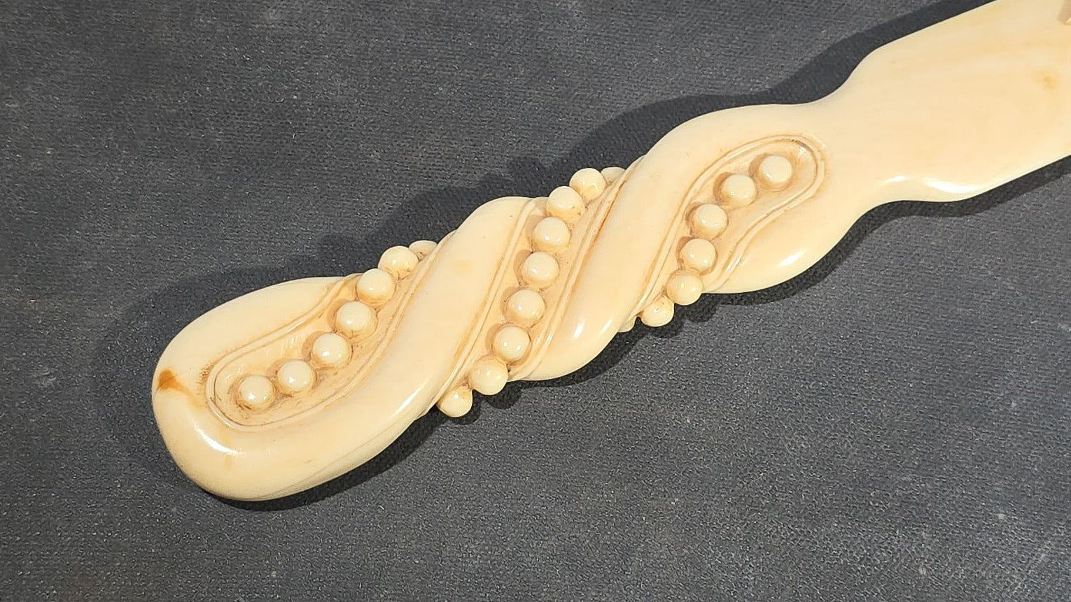 Antique Victorian Ivory Page Turner with Carved Bead Handle and Applied Monogram Cartouche