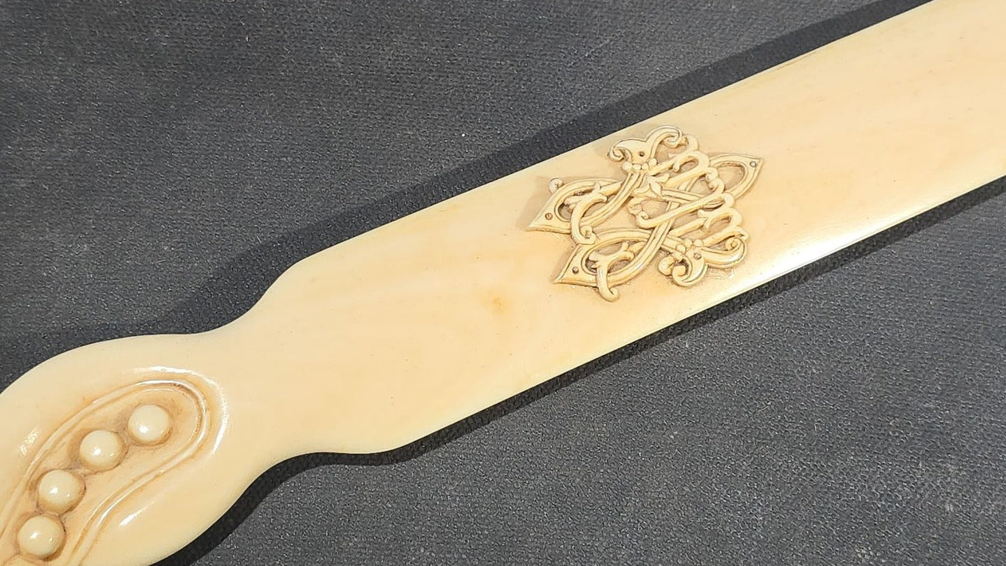 Antique Victorian Ivory Page Turner with Carved Bead Handle and Applied Monogram Cartouche