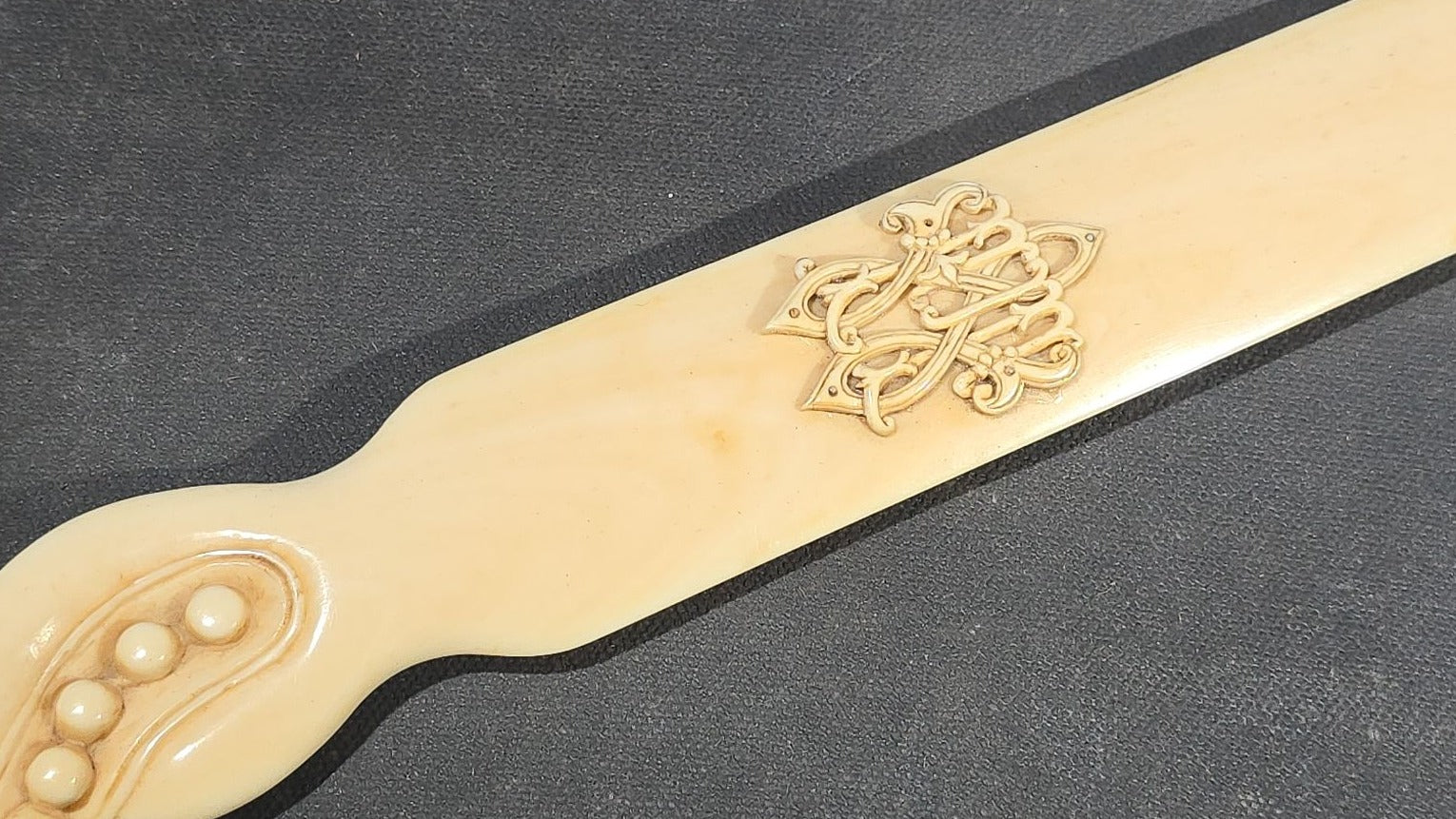 Antique Victorian Ivory Page Turner with Carved Bead Handle and Applied Monogram Cartouche