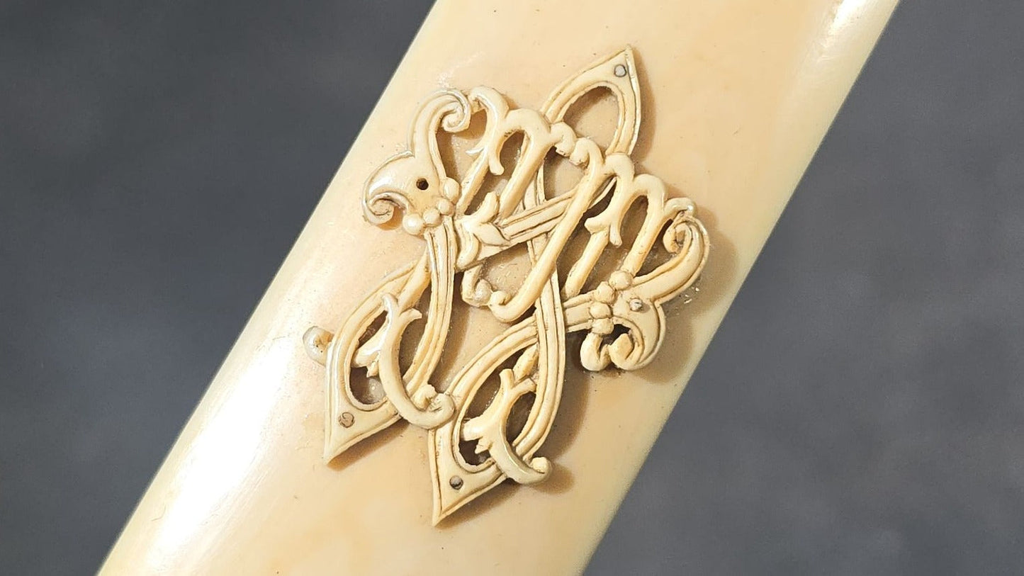 Antique Victorian Ivory Page Turner with Carved Bead Handle and Applied Monogram Cartouche