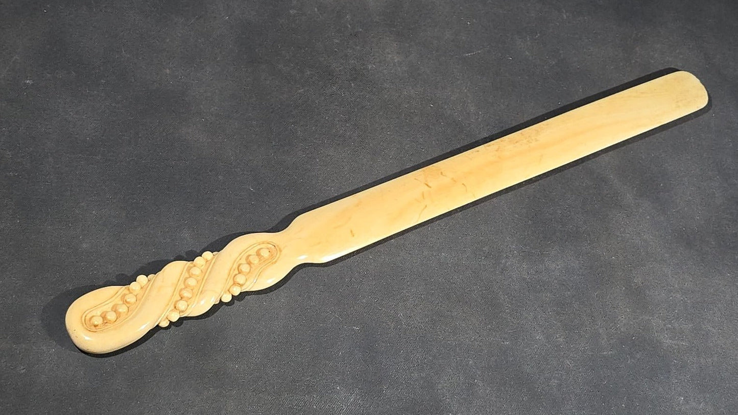 Antique Victorian Ivory Page Turner with Carved Bead Handle and Applied Monogram Cartouche