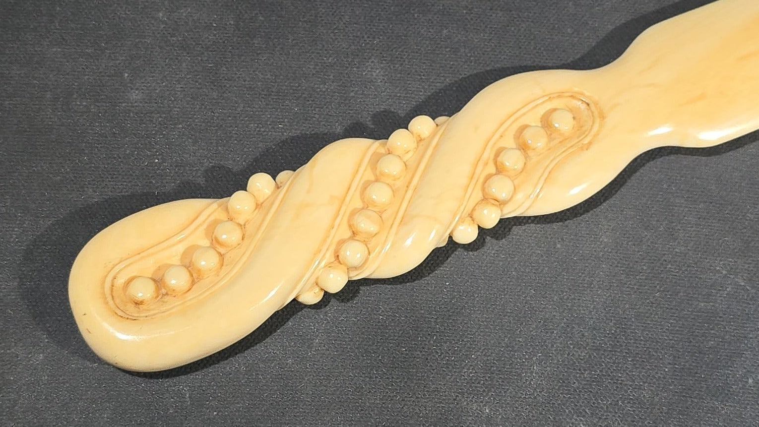 Antique Victorian Ivory Page Turner with Carved Bead Handle and Applied Monogram Cartouche