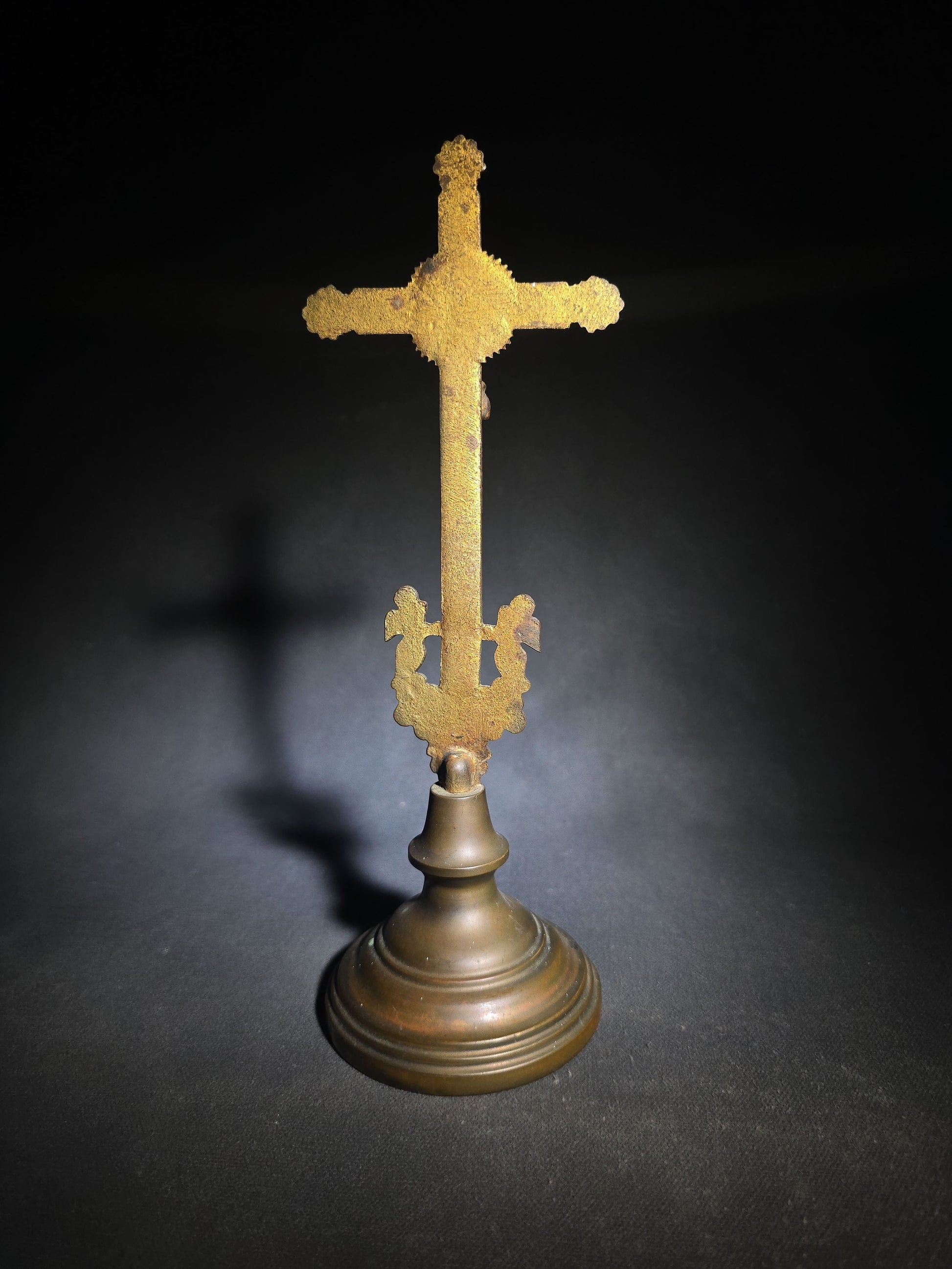 Antique Brass Standing Crucifix with Corpus, Flanking Cherubs, Palmette Terminals, and Shell Motif on Turned Dome Base