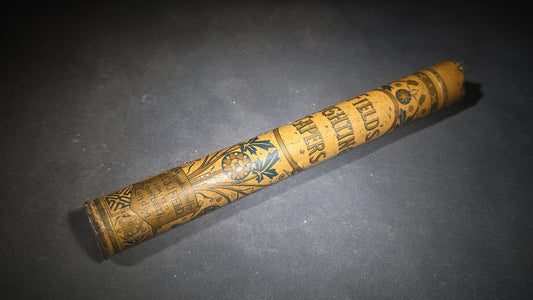 Antique Tin Lithograph Field's Lighting Tapers Cylindrical Canister with Aesthetic Movement Floral Graphics, Manufactured by J.C. & J. Field Limited, Lambeth, London