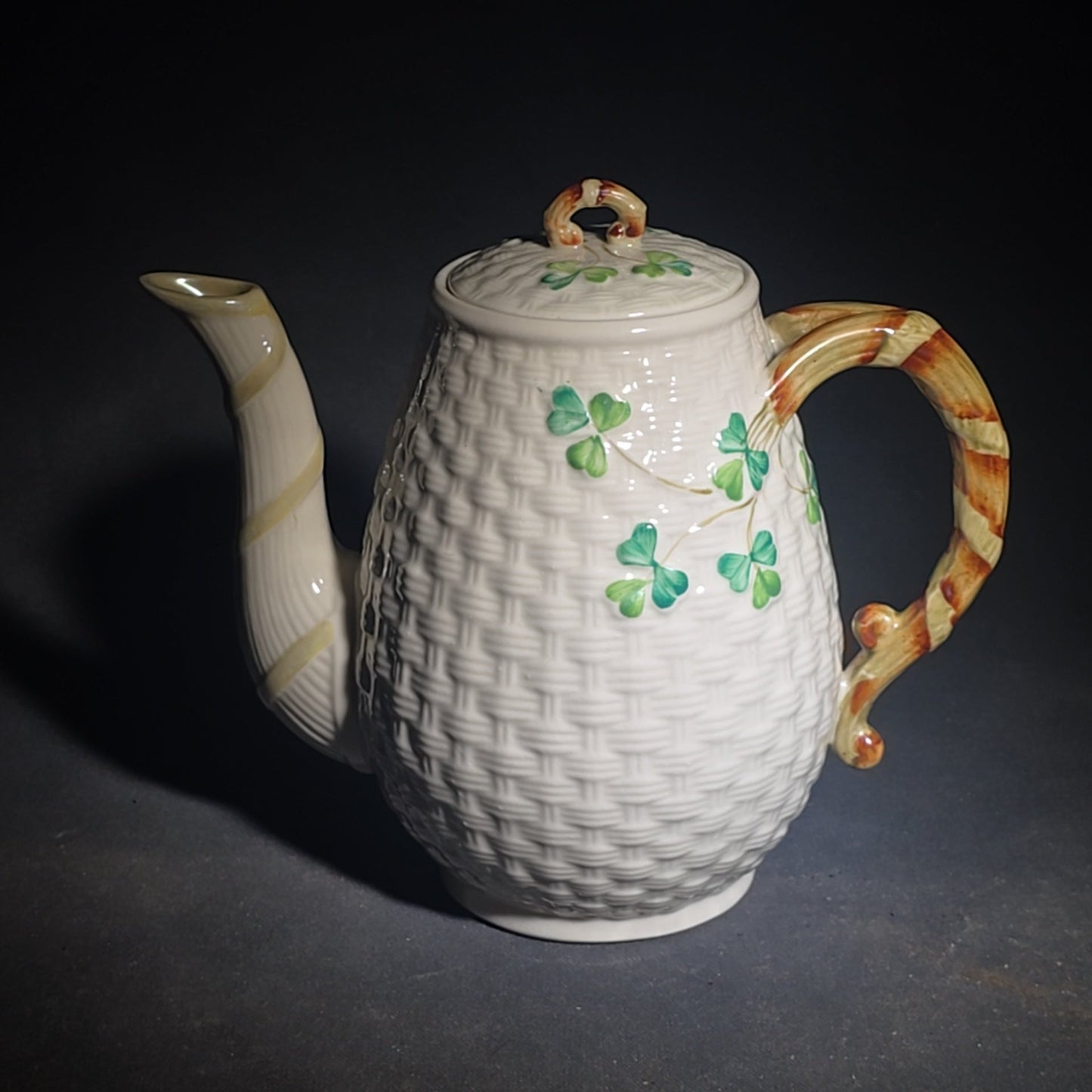 Trio of Vintage Belleek Shamrock Basketweave Pieces including Coffeepot, Creamer, and Open Sugar Bowl, Co. Fermanagh, Ireland, Note Chipping to the Creamer