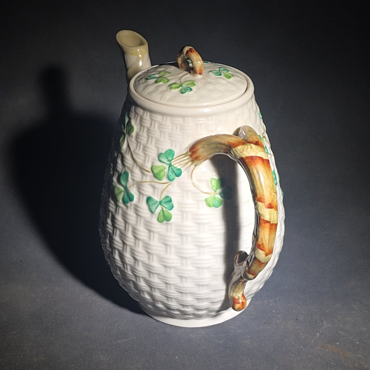 Trio of Vintage Belleek Shamrock Basketweave Pieces including Coffeepot, Creamer, and Open Sugar Bowl, Co. Fermanagh, Ireland, Note Chipping to the Creamer