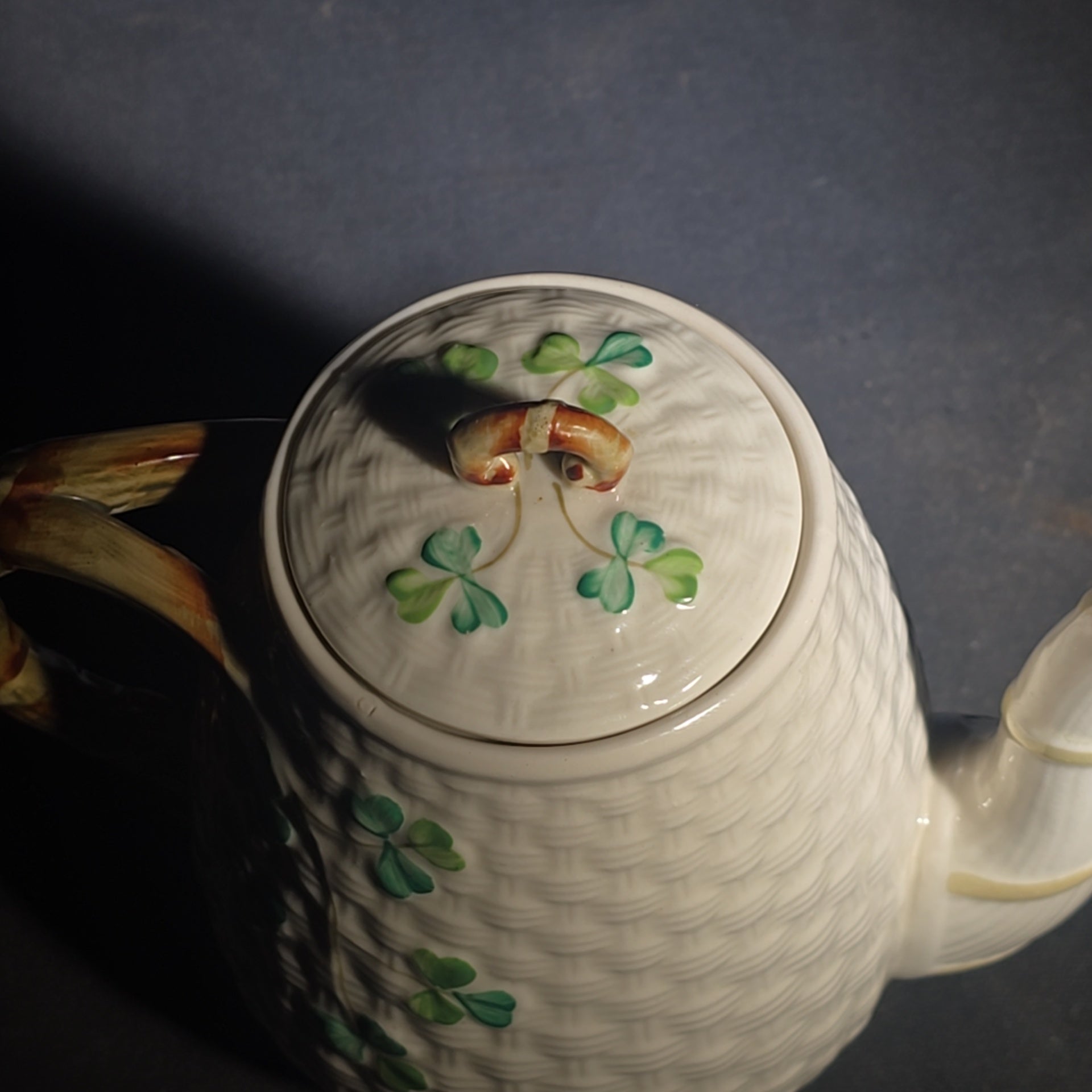 Trio of Vintage Belleek Shamrock Basketweave Pieces including Coffeepot, Creamer, and Open Sugar Bowl, Co. Fermanagh, Ireland, Note Chipping to the Creamer