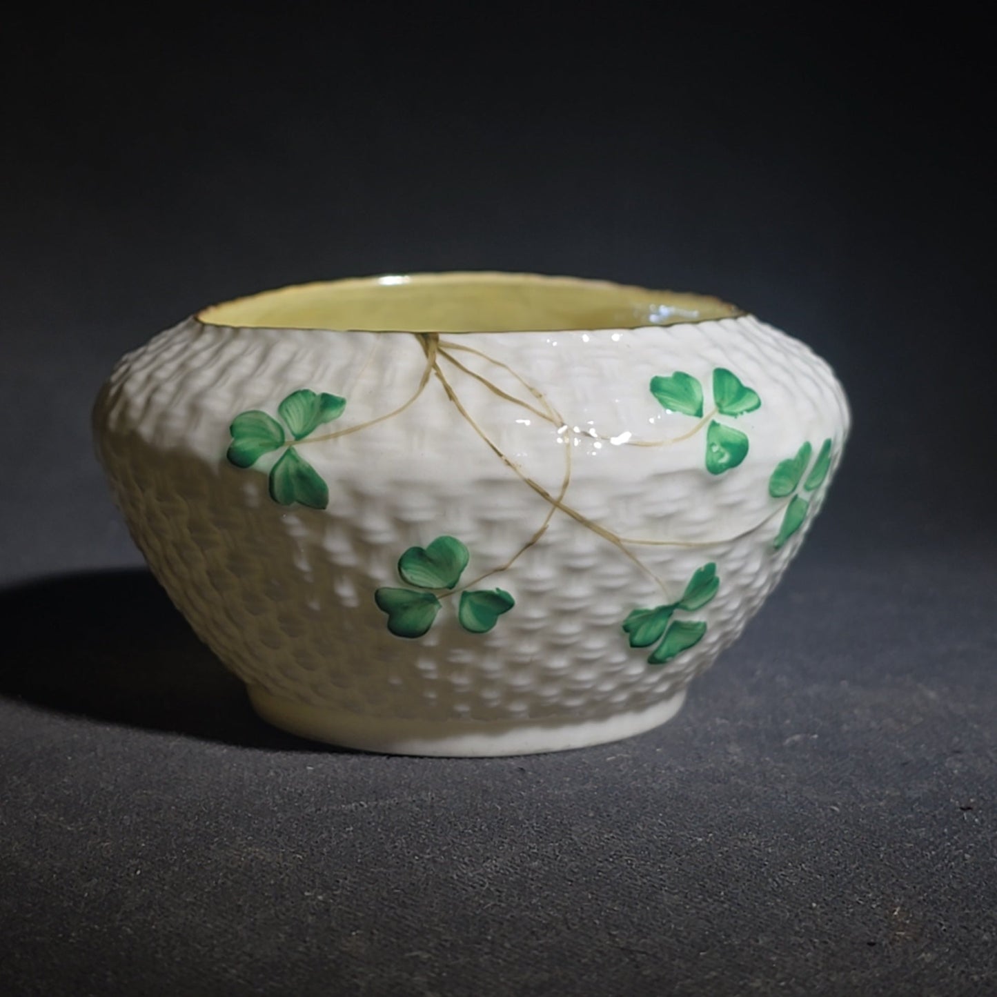 Trio of Vintage Belleek Shamrock Basketweave Pieces including Coffeepot, Creamer, and Open Sugar Bowl, Co. Fermanagh, Ireland, Note Chipping to the Creamer