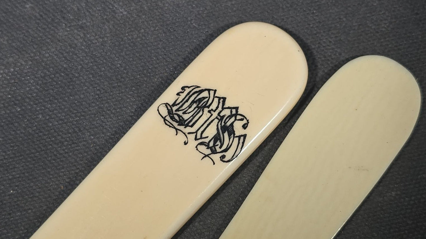 Pair of Antique Victorian Ivory Page Turners, One with Engraved Monogram