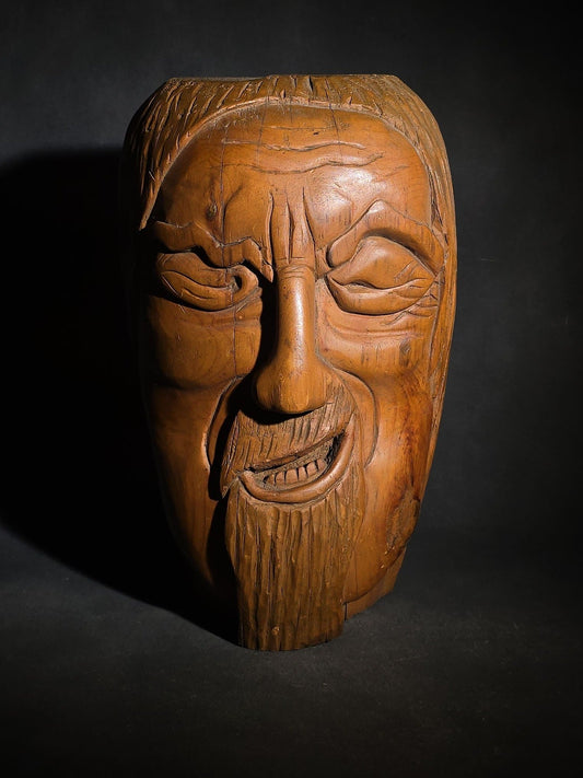 Vintage Folk Art Hand-Carved Wood Face of a Cartoonish Bearded Man, Illegibly Signed
