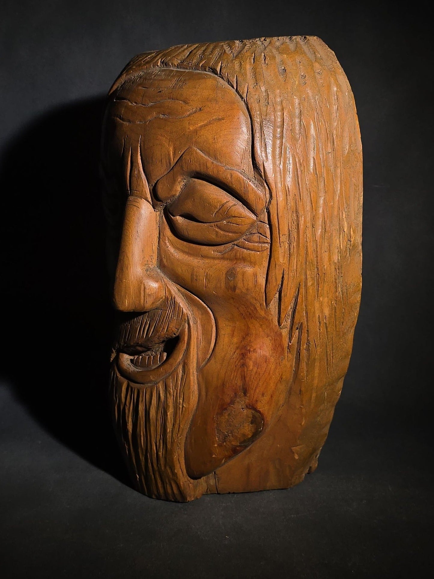 Vintage Folk Art Hand-Carved Wood Face of a Cartoonish Bearded Man, Illegibly Signed