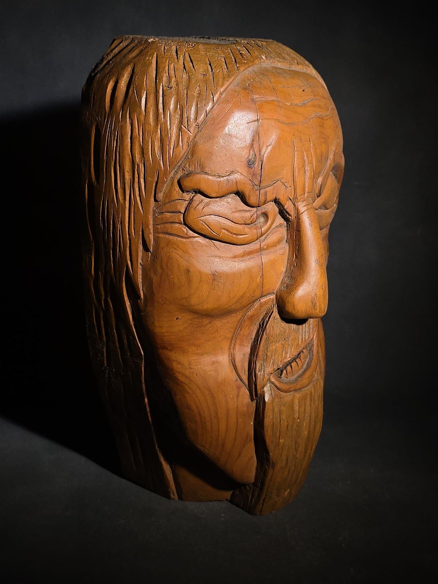 Vintage Folk Art Hand-Carved Wood Face of a Cartoonish Bearded Man, Illegibly Signed