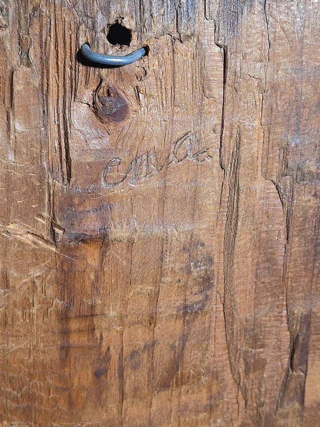Vintage Folk Art Hand-Carved Wood Face of a Cartoonish Bearded Man, Illegibly Signed