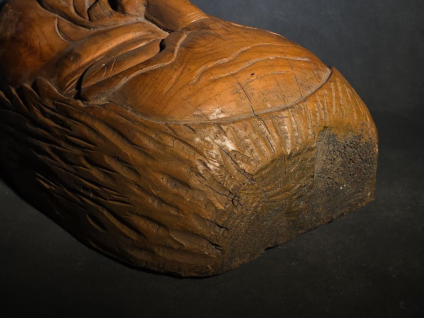 Vintage Folk Art Hand-Carved Wood Face of a Cartoonish Bearded Man, Illegibly Signed