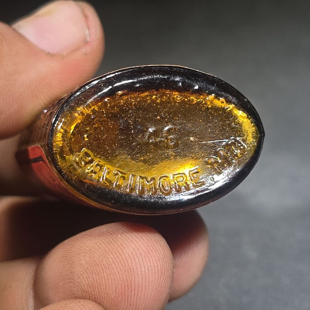 Antique Sharp & Dohme's No. 25 Green Antiseptic Disks Embossed Amber Poison Bottle with Cork, Antidote Label, and Original Cardboard Tube, Baltimore, Maryland