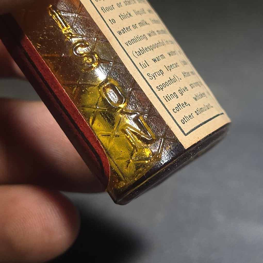 Antique Sharp & Dohme's No. 25 Green Antiseptic Disks Embossed Amber Poison Bottle with Cork, Antidote Label, and Original Cardboard Tube, Baltimore, Maryland