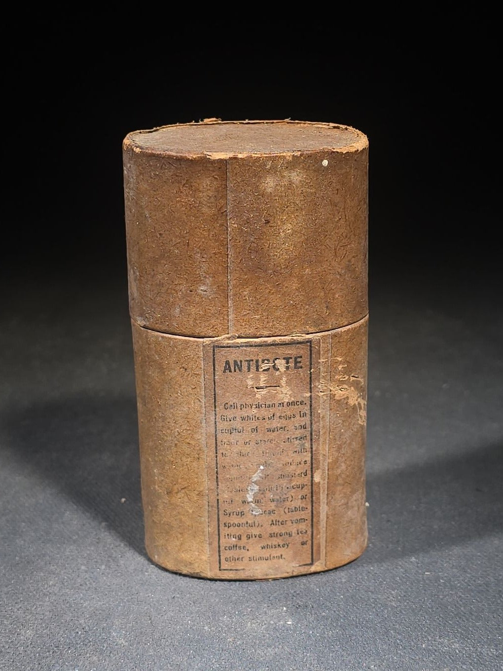 Antique Sharp & Dohme's No. 25 Green Antiseptic Disks Embossed Amber Poison Bottle with Cork, Antidote Label, and Original Cardboard Tube, Baltimore, Maryland