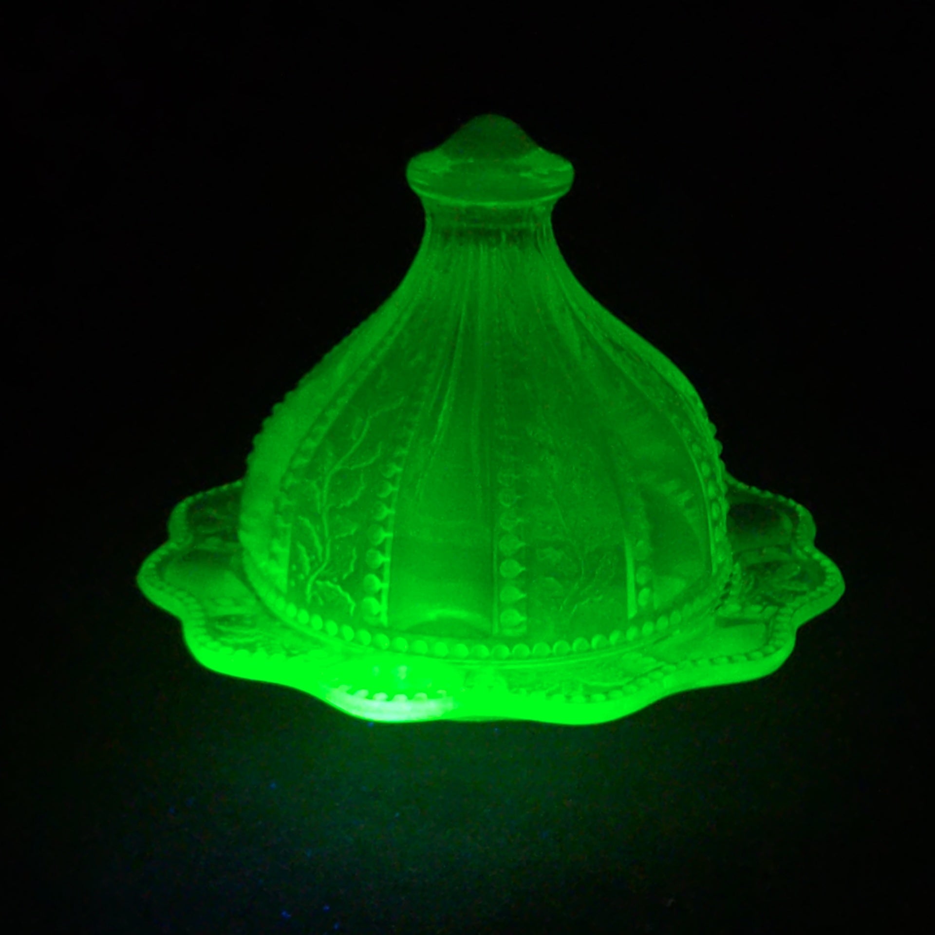 Antique Uranium Glass Covered Butter Dish with Beaded Panel and Floral Pattern, UV Reactive