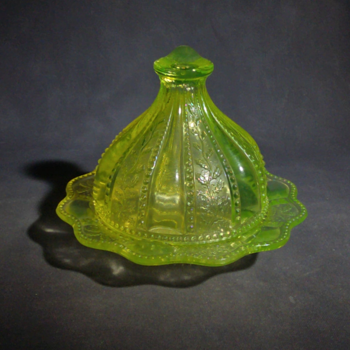 Antique Uranium Glass Covered Butter Dish with Beaded Panel and Floral Pattern, UV Reactive