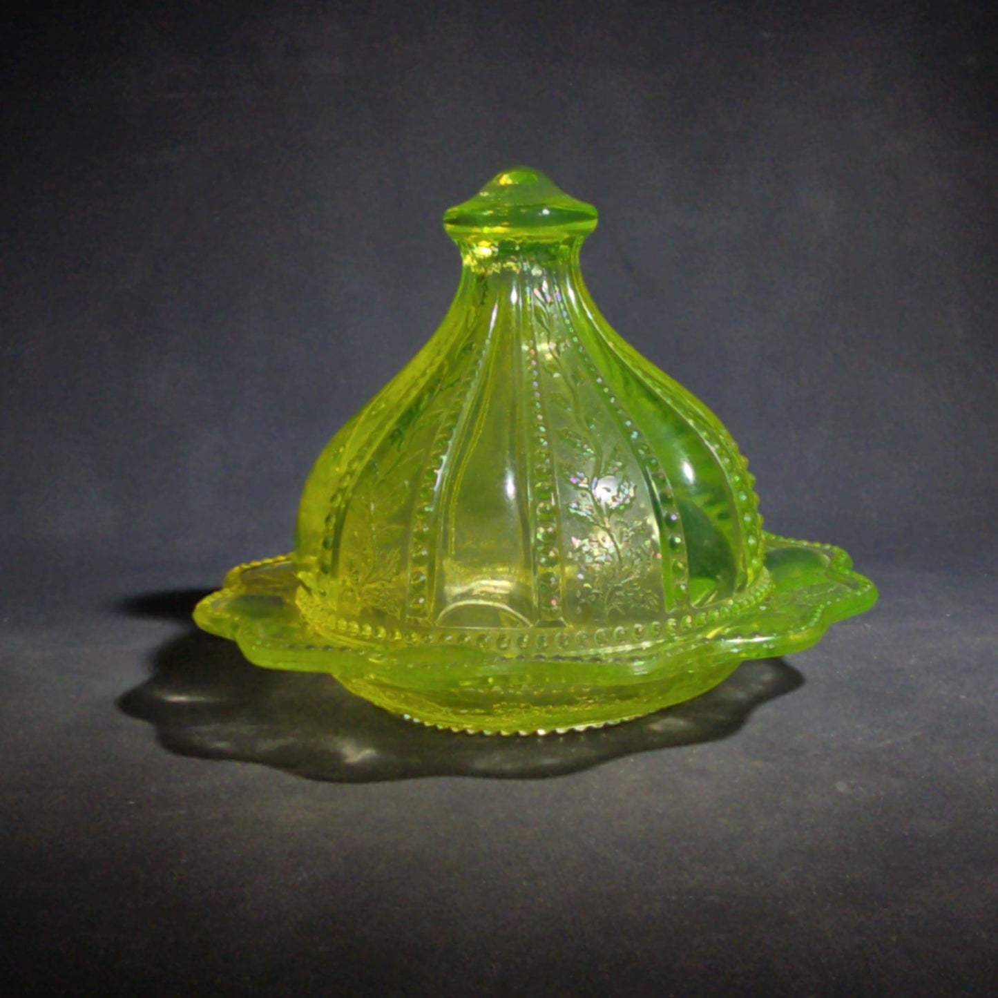 Antique Uranium Glass Covered Butter Dish with Beaded Panel and Floral Pattern, UV Reactive