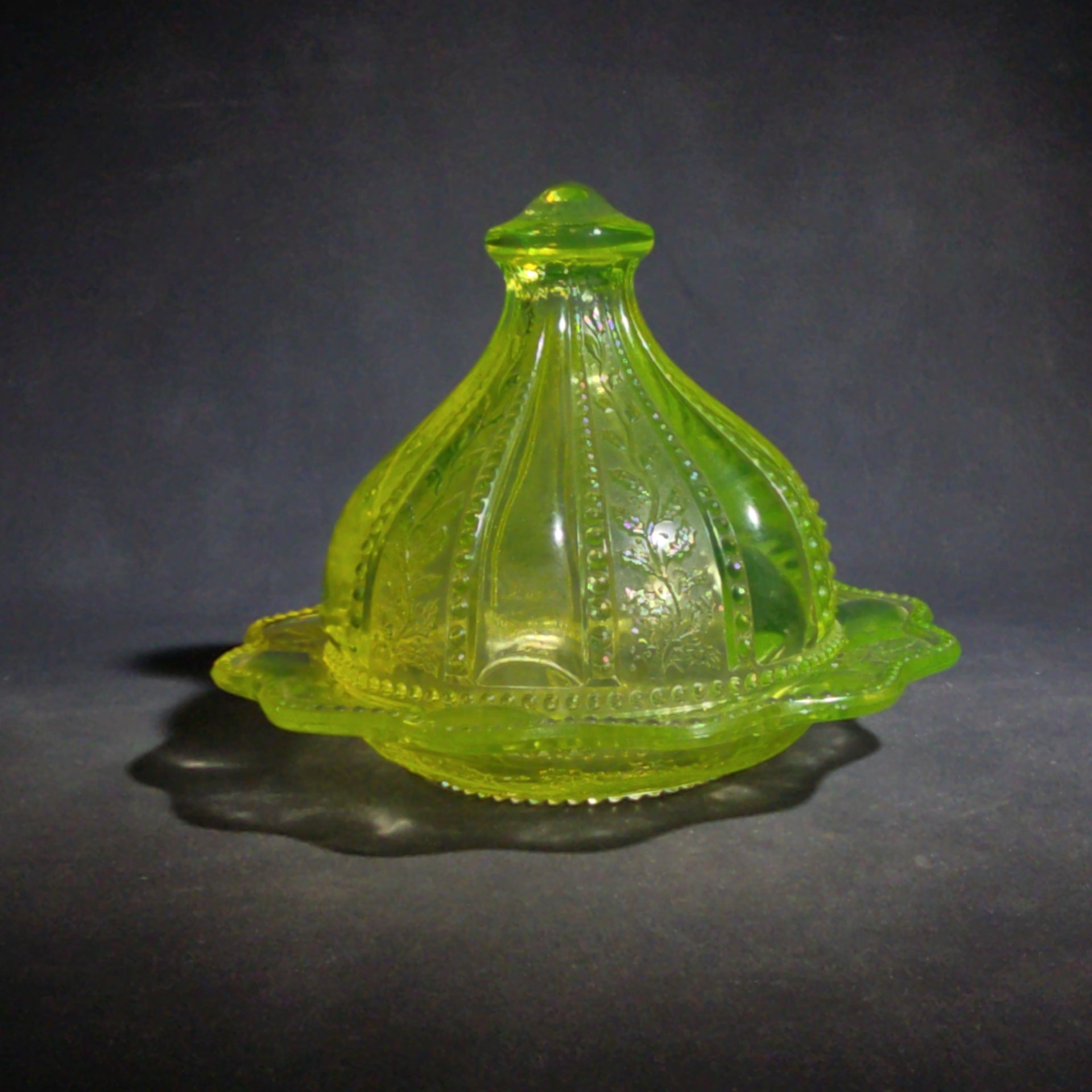 Antique Uranium Glass Covered Butter Dish with Beaded Panel and Floral Pattern, UV Reactive