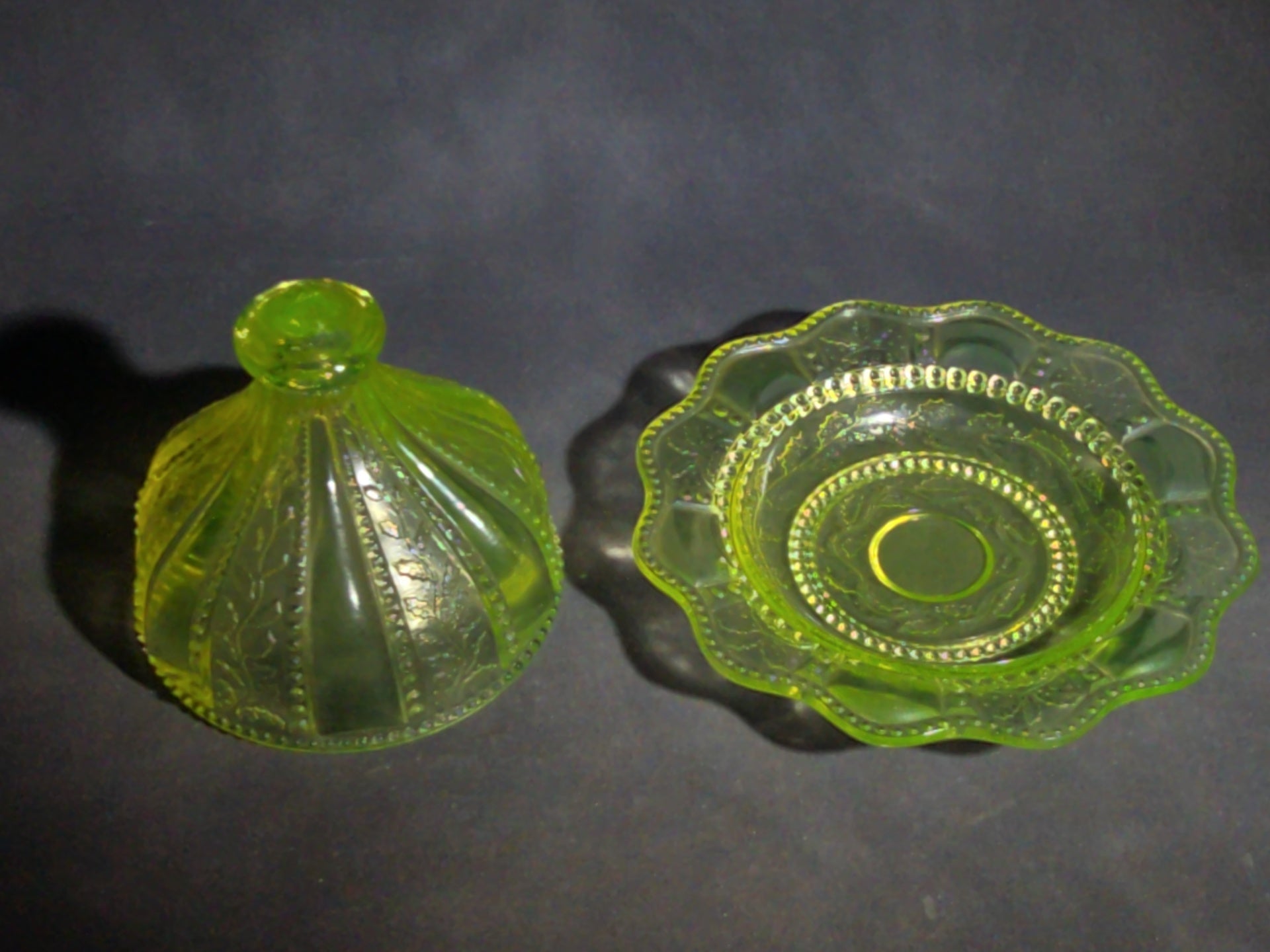 Antique Uranium Glass Covered Butter Dish with Beaded Panel and Floral Pattern, UV Reactive