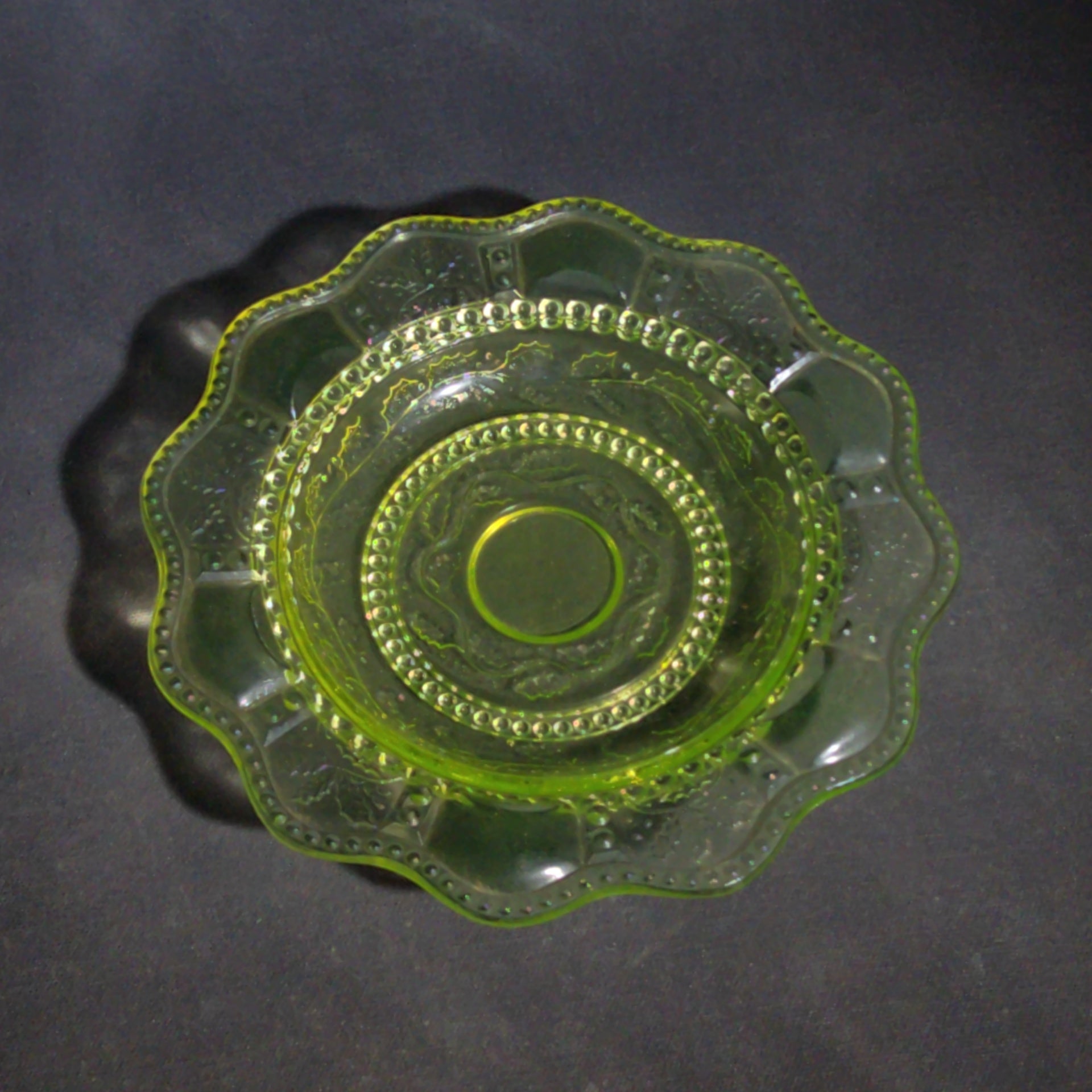 Antique Uranium Glass Covered Butter Dish with Beaded Panel and Floral Pattern, UV Reactive