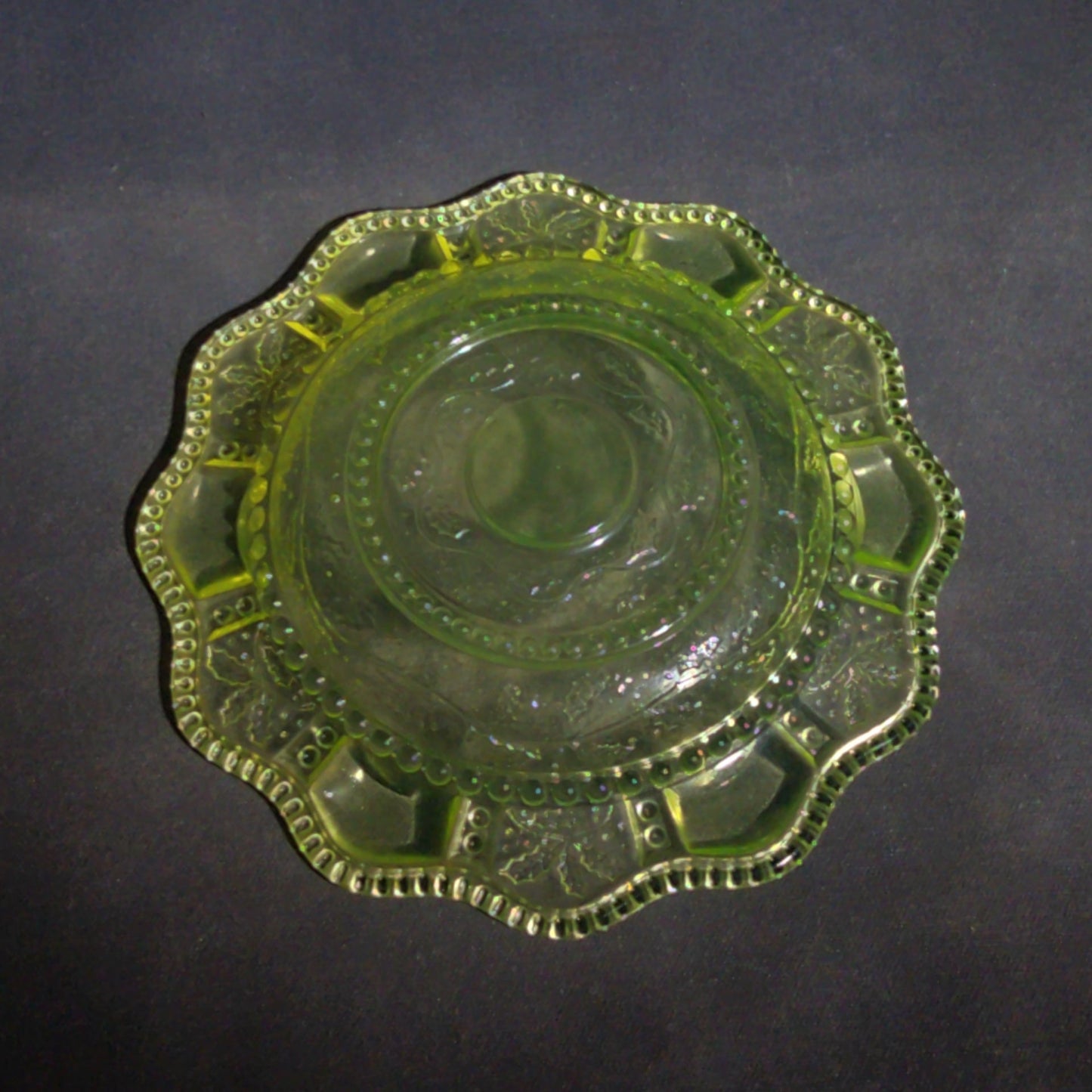 Antique Uranium Glass Covered Butter Dish with Beaded Panel and Floral Pattern, UV Reactive