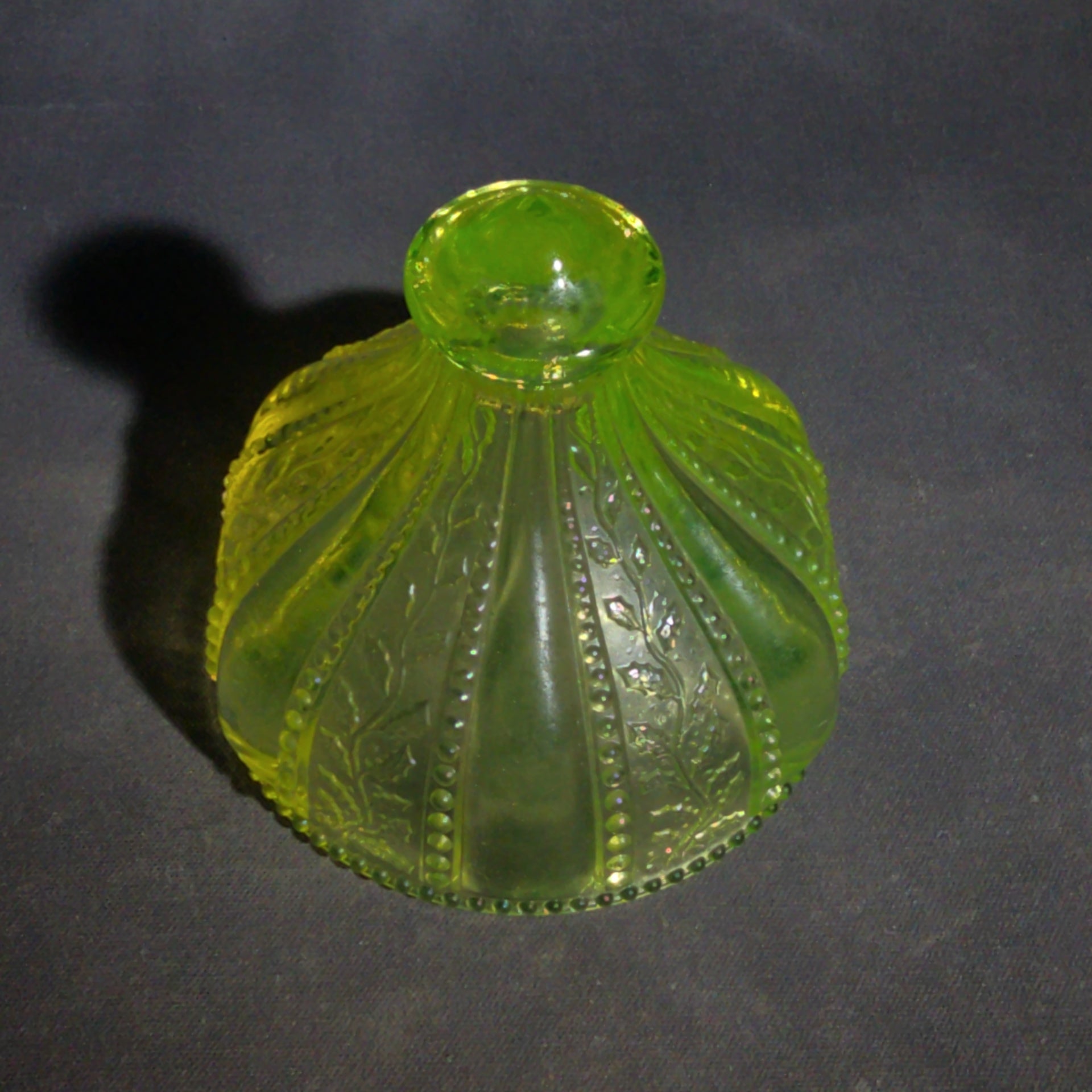 Antique Uranium Glass Covered Butter Dish with Beaded Panel and Floral Pattern, UV Reactive