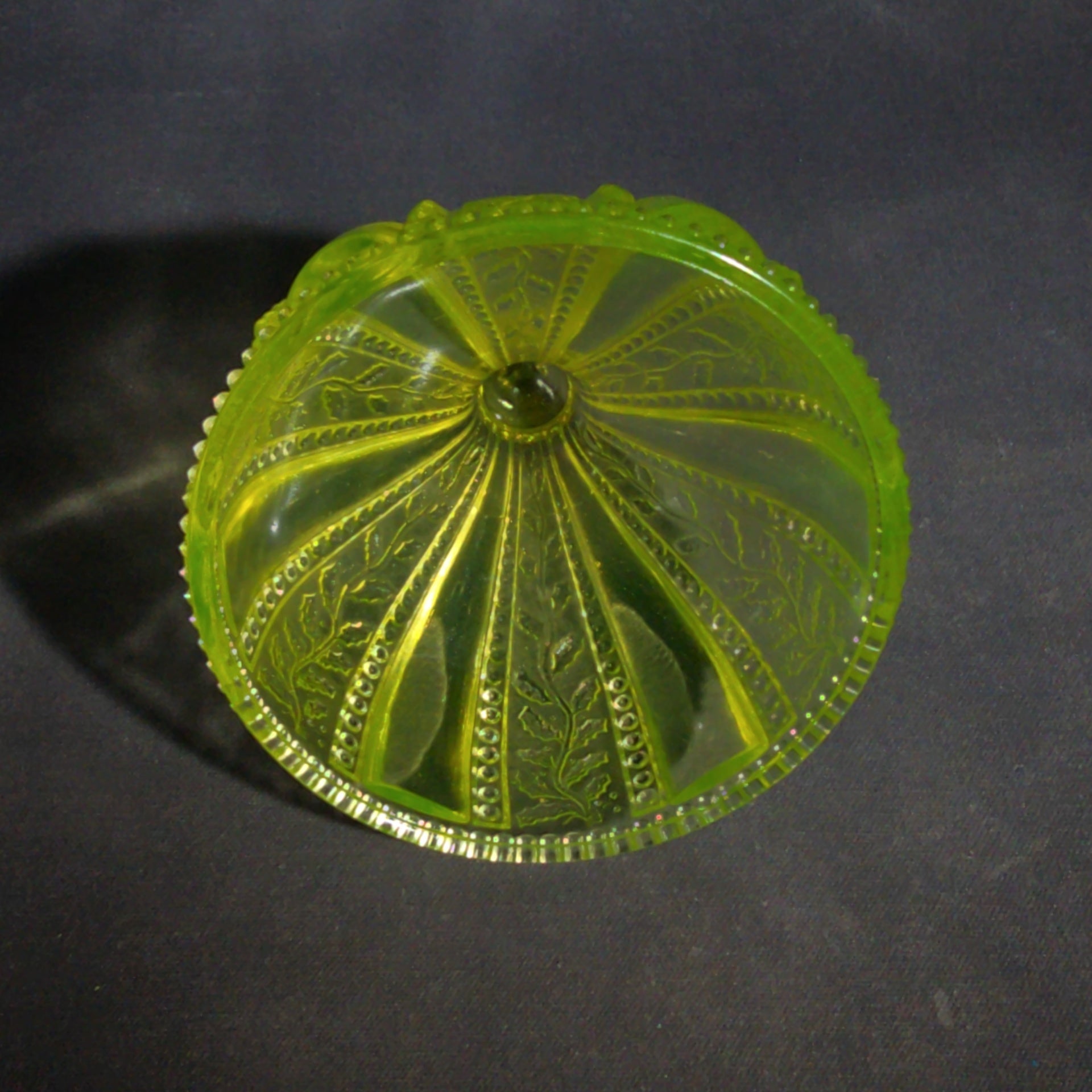 Antique Uranium Glass Covered Butter Dish with Beaded Panel and Floral Pattern, UV Reactive