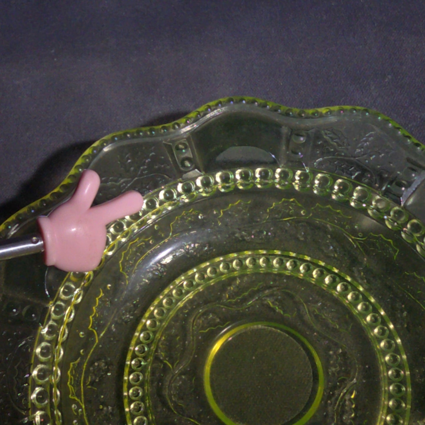 Antique Uranium Glass Covered Butter Dish with Beaded Panel and Floral Pattern, UV Reactive