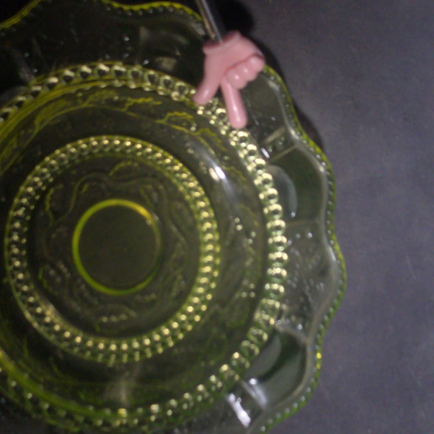 Antique Uranium Glass Covered Butter Dish with Beaded Panel and Floral Pattern, UV Reactive