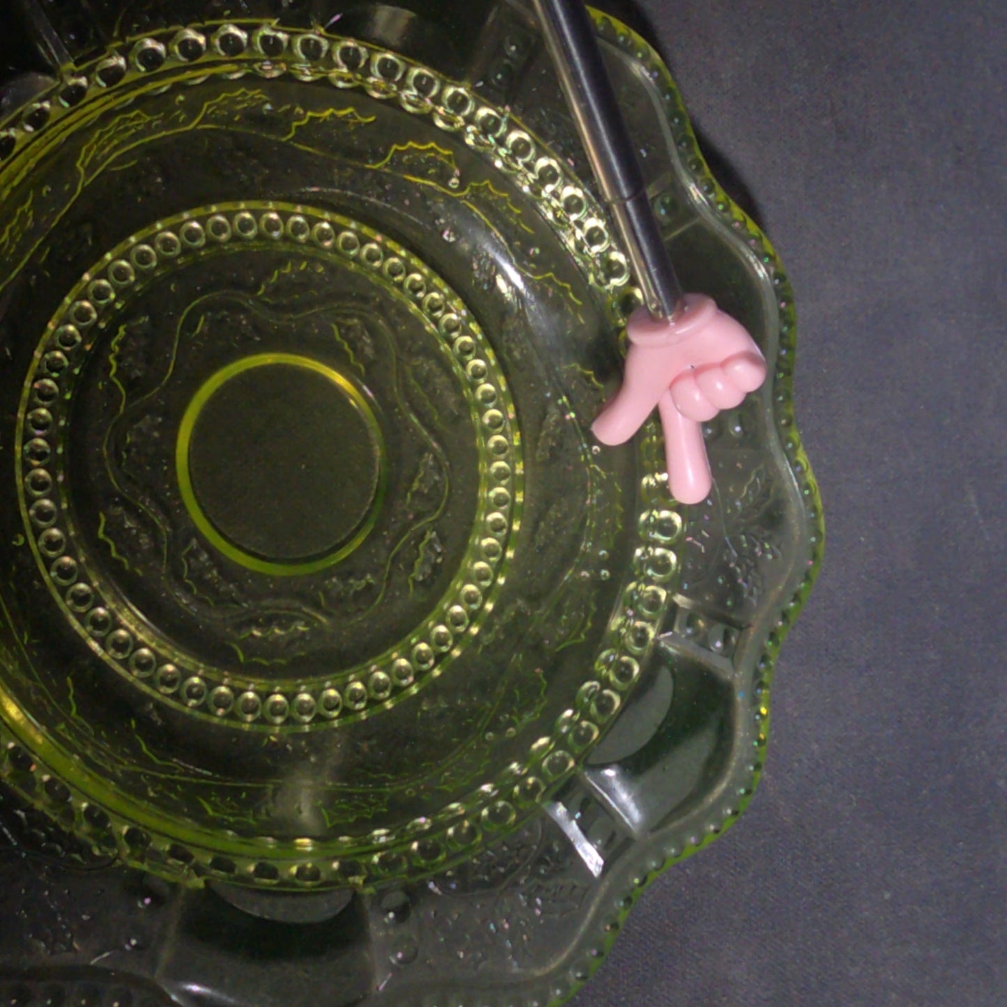 Antique Uranium Glass Covered Butter Dish with Beaded Panel and Floral Pattern, UV Reactive