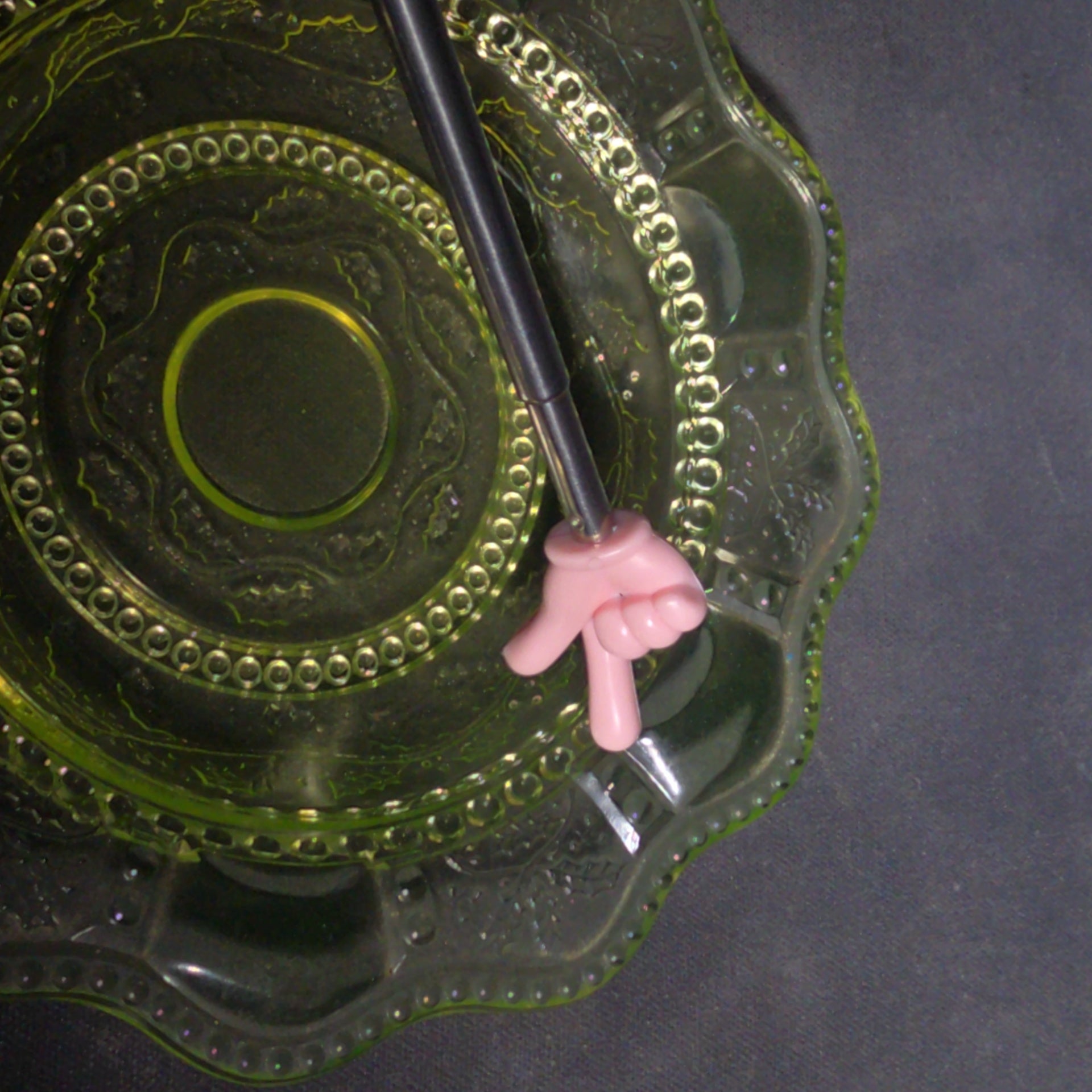 Antique Uranium Glass Covered Butter Dish with Beaded Panel and Floral Pattern, UV Reactive