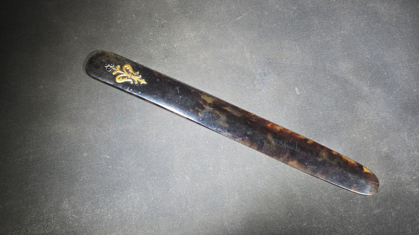 Antique Victorian Tortoiseshell Page Turner with Gold Fleur-de-Lis Inlay and Blue Cabochon Stones