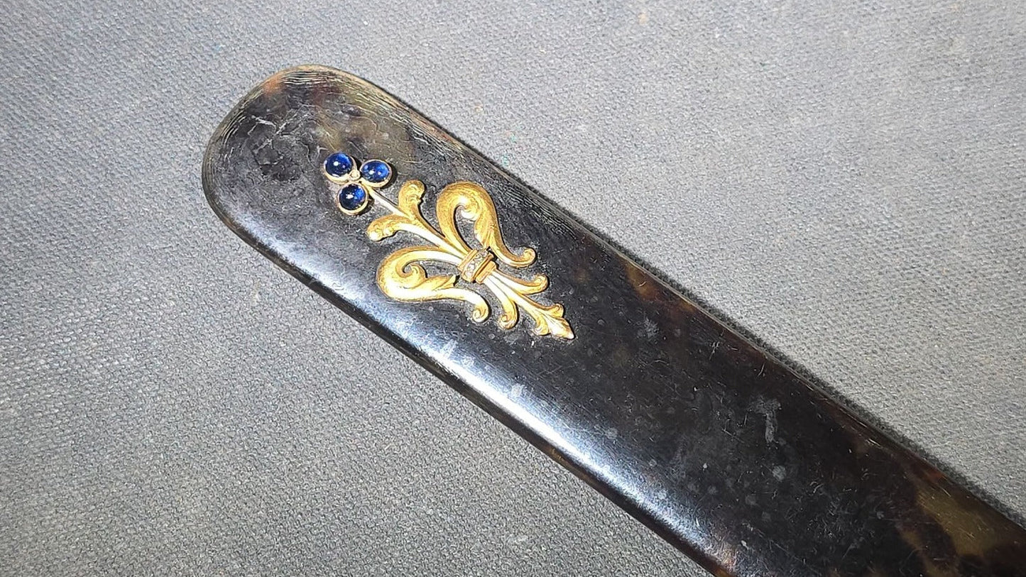 Antique Victorian Tortoiseshell Page Turner with Gold Fleur-de-Lis Inlay and Blue Cabochon Stones