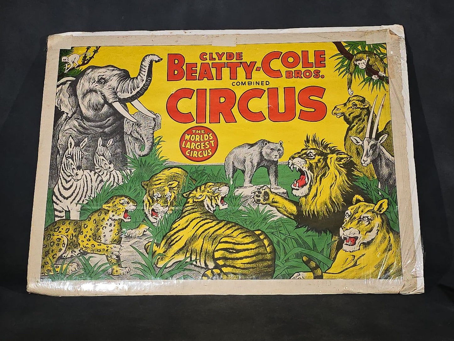 Vintage Clyde Beatty-Cole Bros. Combined Circus Paper Poster with Wild Animal Menagerie Graphics, "The World's Largest Circus"