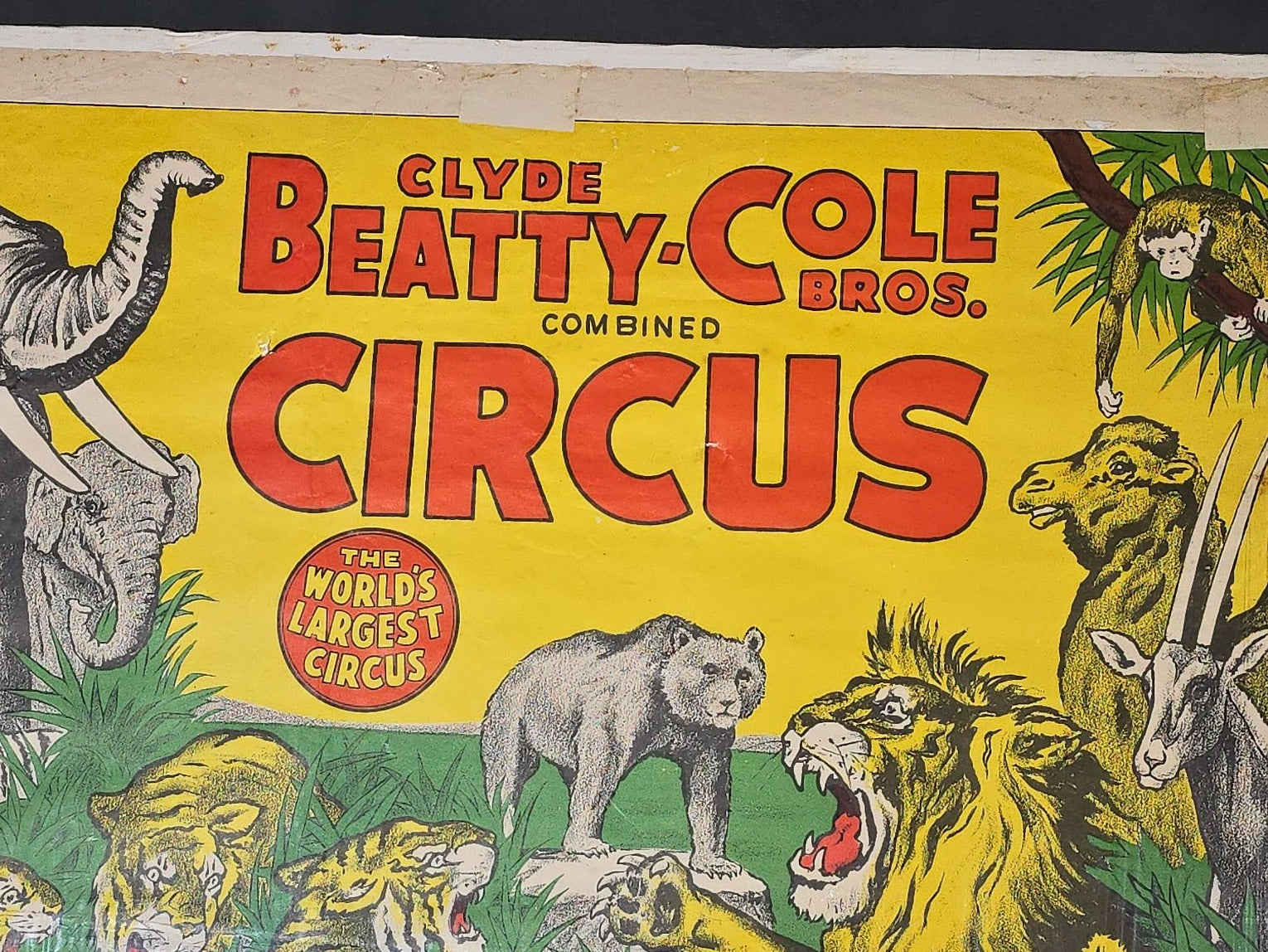 Vintage Clyde Beatty-Cole Bros. Combined Circus Paper Poster with Wild Animal Menagerie Graphics, "The World's Largest Circus"
