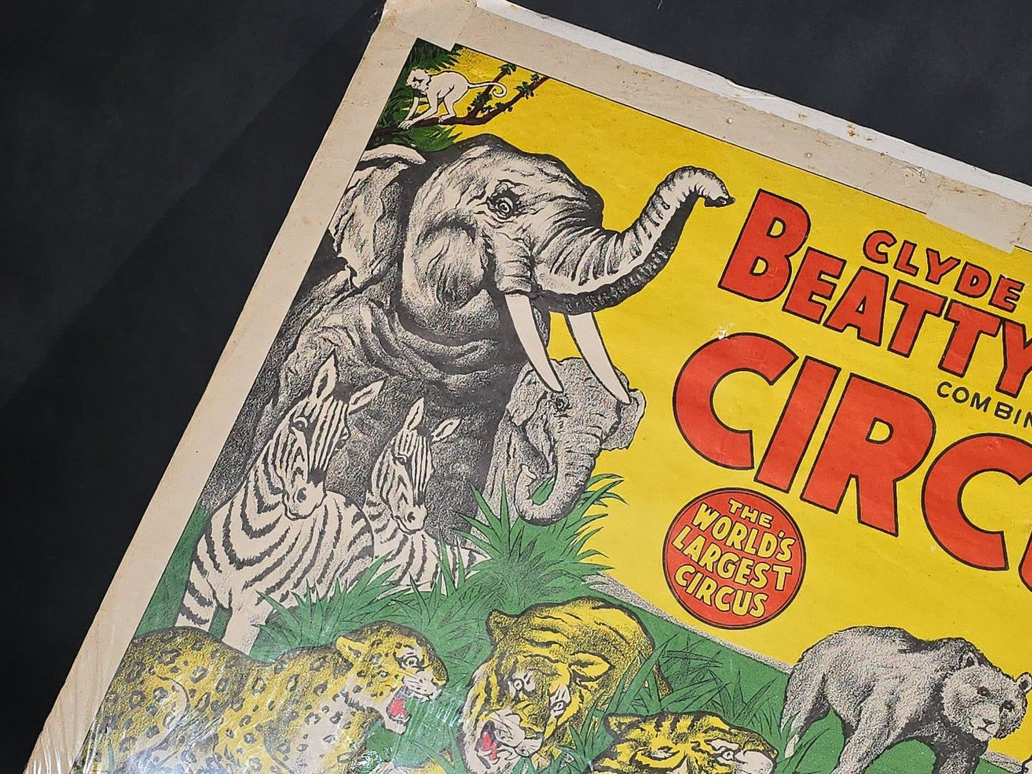 Vintage Clyde Beatty-Cole Bros. Combined Circus Paper Poster with Wild Animal Menagerie Graphics, "The World's Largest Circus"