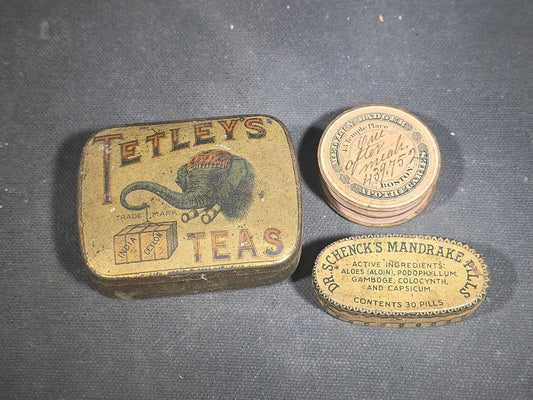 Trio of Antique Advertising Tins and Apothecary Containers including Tetley's Teas with Elephant Trademark, Dr. Schenck's Mandrake Pills by J.H. Schenck & Son of Philadelphia, and Weeks & Badger Apothecaries Pill Box from Boston, Massachusetts