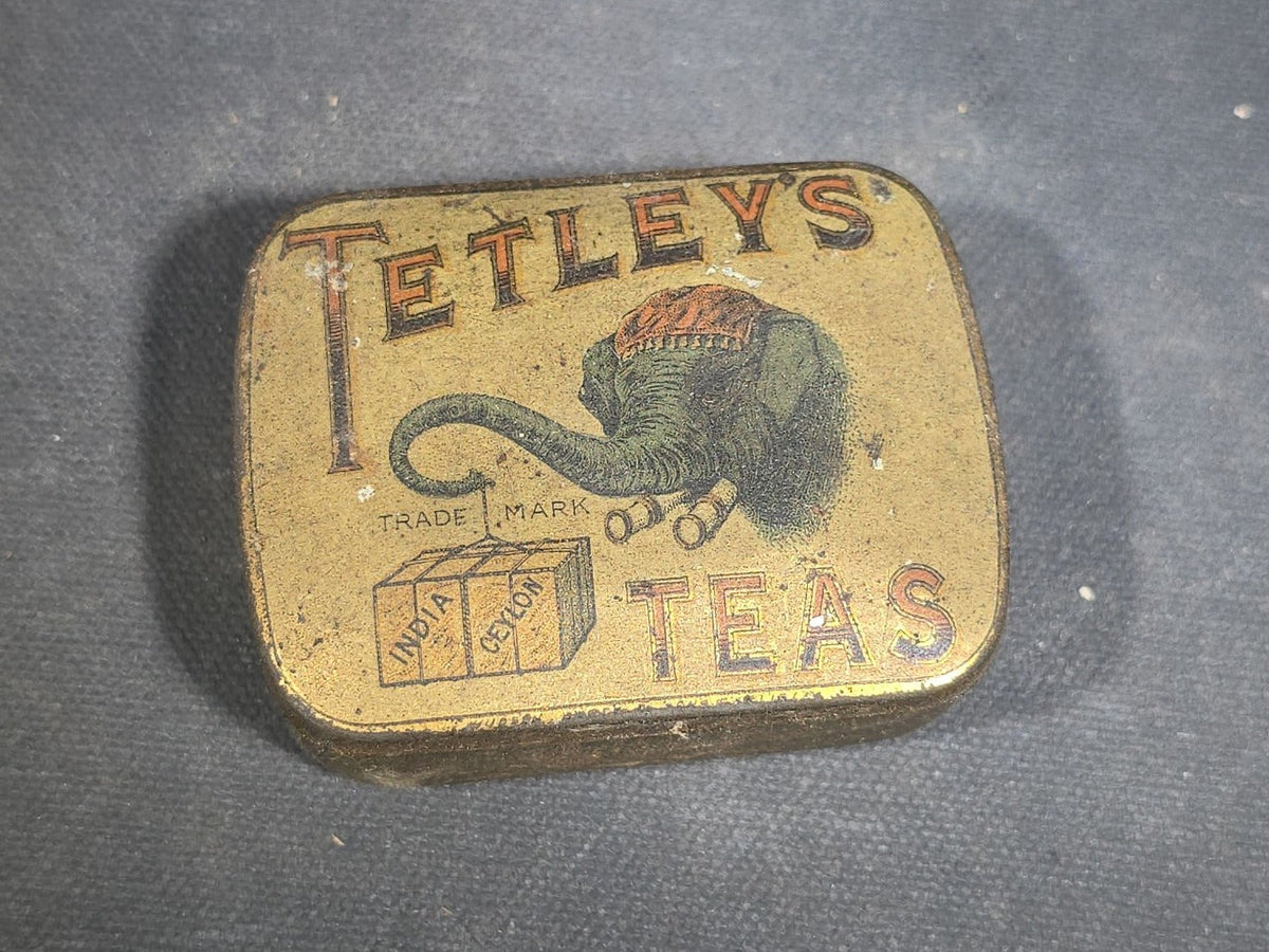 Trio of Antique Advertising Tins and Apothecary Containers including Tetley's Teas with Elephant Trademark, Dr. Schenck's Mandrake Pills by J.H. Schenck & Son of Philadelphia, and Weeks & Badger Apothecaries Pill Box from Boston, Massachusetts